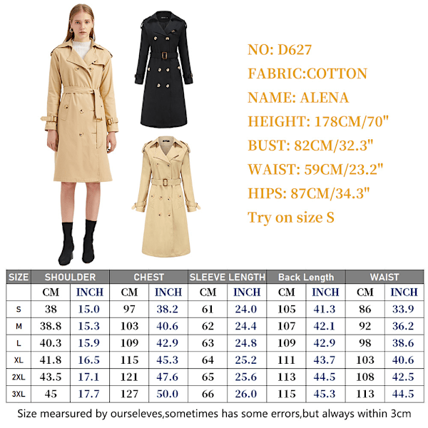 Kvinnors Trenchcoat Lång Dubbelknäppt Höstmode Klassisk Krage Slank Överrock khaki M