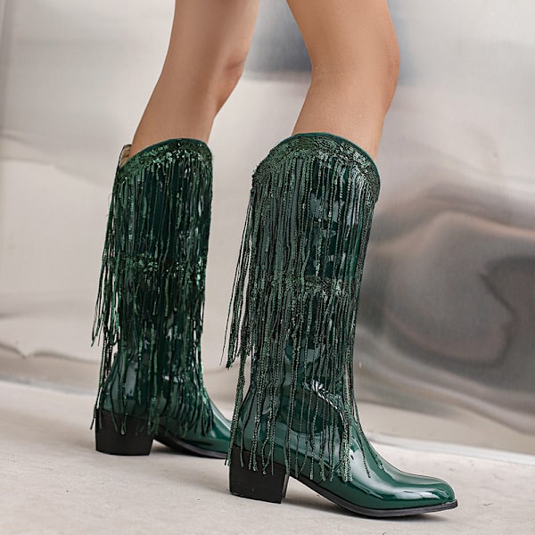 Damskor med fransar i metallisk cowboy-stil Green 42