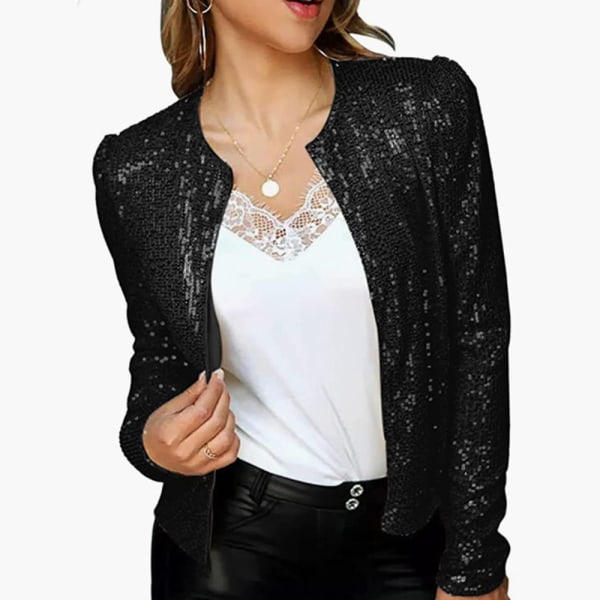 Kvinnor Casual Öppen Front Paljettjackor Glitterrockar Black S