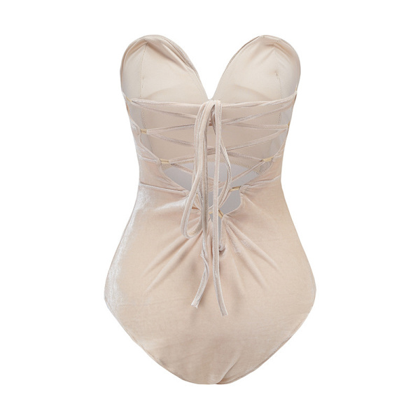 Kvinders V-hals Sexy Fløjls Strapless Bodysuit Jumpsuit Sød Hjerteformet Dyb Beige XXL