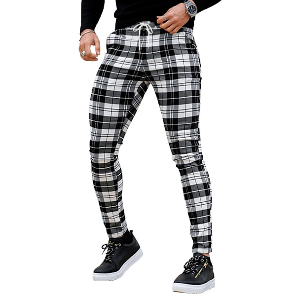 Miesten Chino-housut, hoikka istuvuus, ruudullinen, tyylikäs, arkikäyttöön ja juhliin White S
