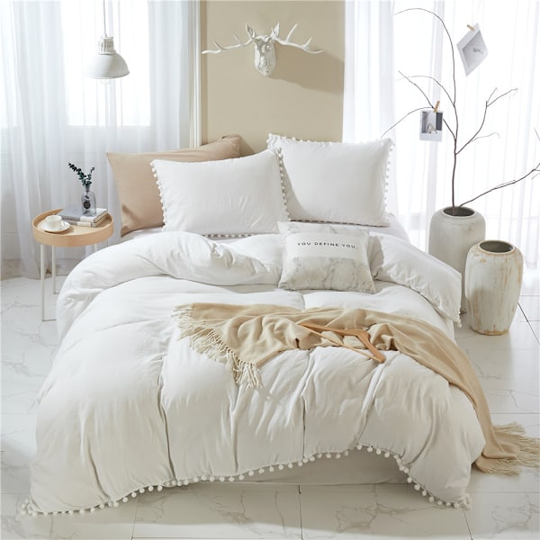 Bomullsöverdrag med Pompom- fransar, 3-delat Bohemiskt Mikrofiberset White Twin-168*228cm