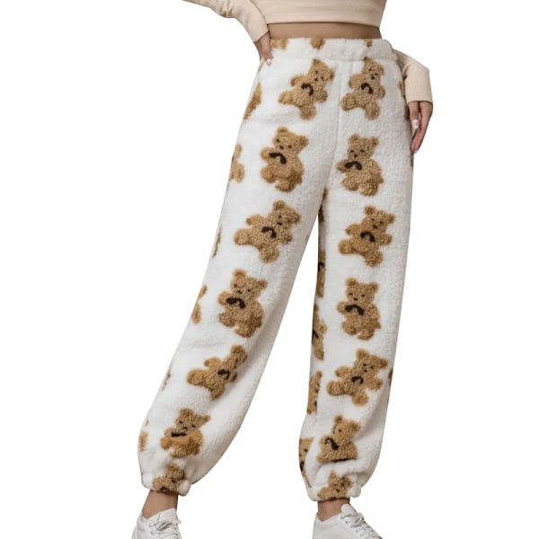 Dames Bløde Varme Pyjamasbukser Fleece Lounge Sleepwear Pj Bukser Brown+White M