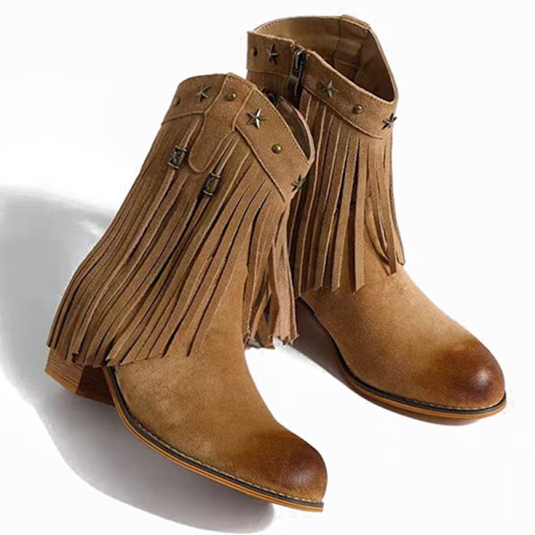 Dame Frynse Western Støvler Bred Læg Ridestøvler Cowgirl Cowboy Støvler Light Brown 38