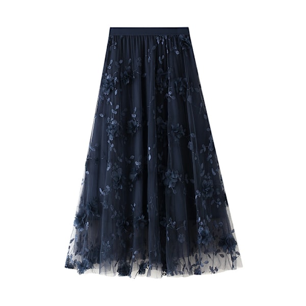 Dame Blomstret Midi Skørt Højtaljet A-Linje Sød Lagdelt Fe Mesh Tulle Plettet Skørt Navy Blue