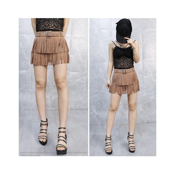 Dam Sparkle Rhinestone Franskjol Elastiskt Midjeband Kort Mini Klänning Brown 4XL