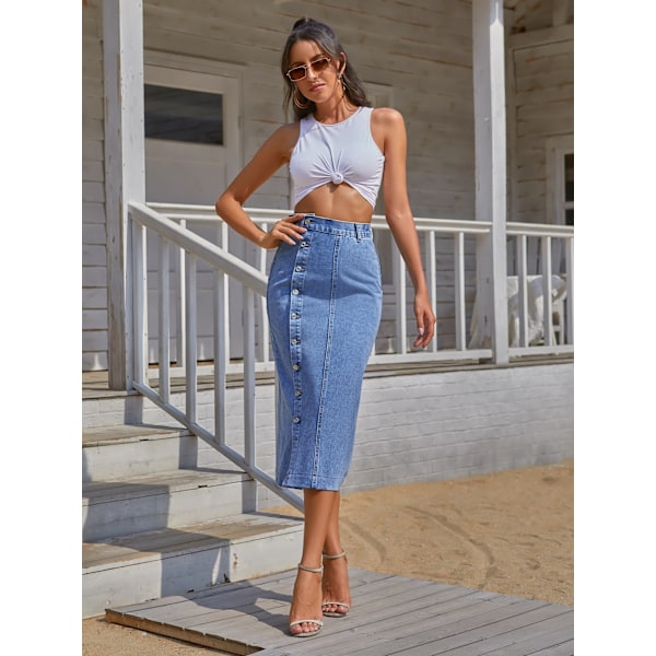 Dam Casual Slitsad Denim Midi Jeanskjol baby blue M