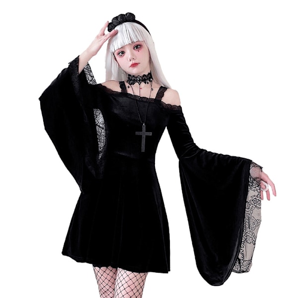 Gotisk Fløjl Halterkjole Lang Flare Ærme Fairy Lolita Kjole XL