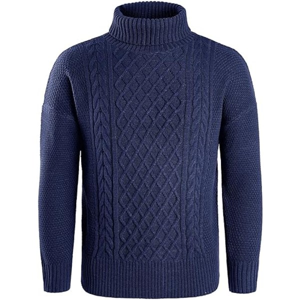 Mænds Højhalset Trøje Kabelstrikket Vintertrøjer Dark Blue L