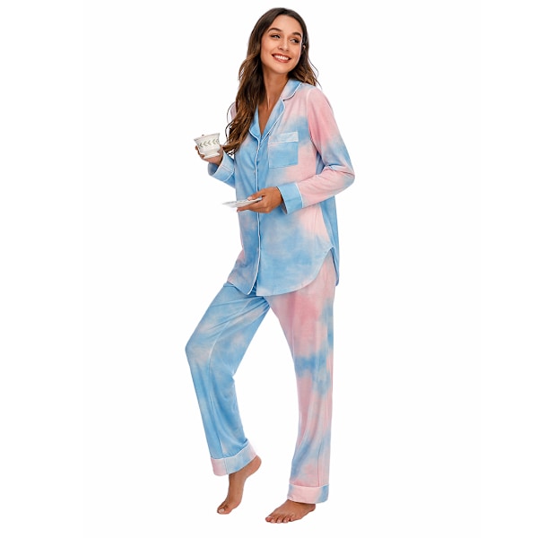 Pyjamas Set för Kvinnor, Långärmad, Knappar, Nattkläder, Bomull, Pj-Set Pink Blue XL