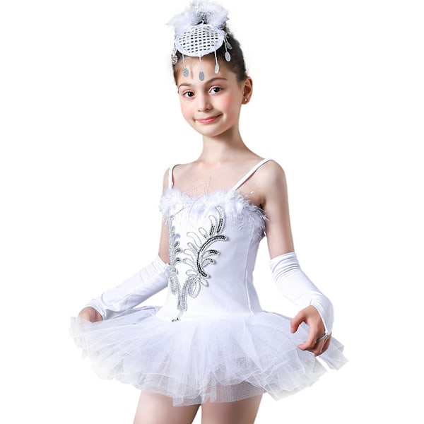 Pige Balletdanskedragt med Pailletter Svanesøen Optræden Tutu Leotard Kjole 130cm