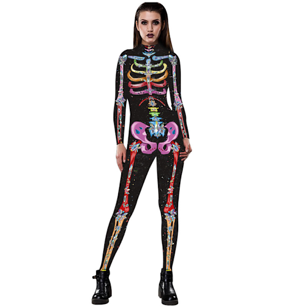 Halloween-kostyme for kvinner med hodeskalletrykk, lang ermet jumpsuit Q4 L