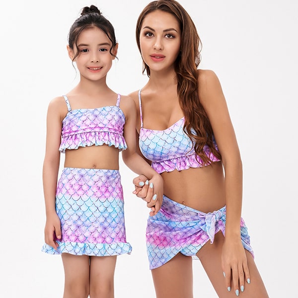 Mermaid Scale printed baddräkt 3-delad förälder-barn set M