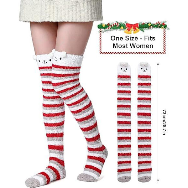 5 Par Julstrumpor, Långa Fuzzystrumpor med Snögubbe, Tomte och Randiga Mönster Red
