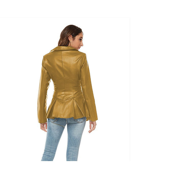 Långärmad dragkedja för kvinnor, bikerjacka i läder Yellow 2XL