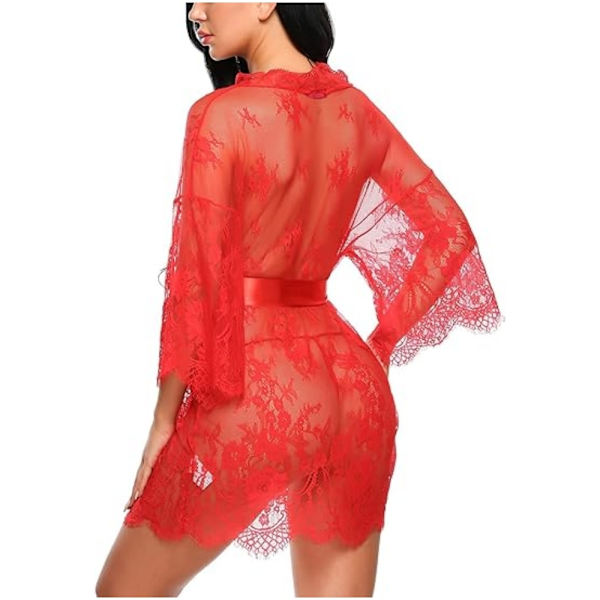 Kvinners Blonder Kimono-Kåpe Babydoll Lingeri Mesh Nattkjole Red 3XL
