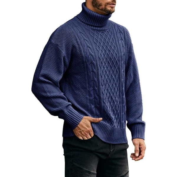 Mænds Højhalset Trøje Kabelstrikket Vintertrøjer Dark Blue L