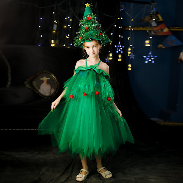 Juletræskostume til piger - Julefest Tutu Kjole med Hat 150