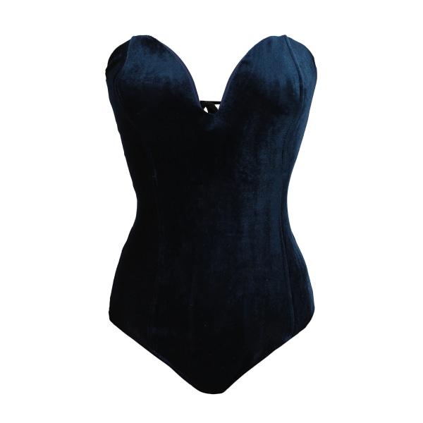 Kvinders V-hals Sexy Fløjls Strapless Bodysuit Jumpsuit Sød Hjerteformet Dyb Dark Blue XS