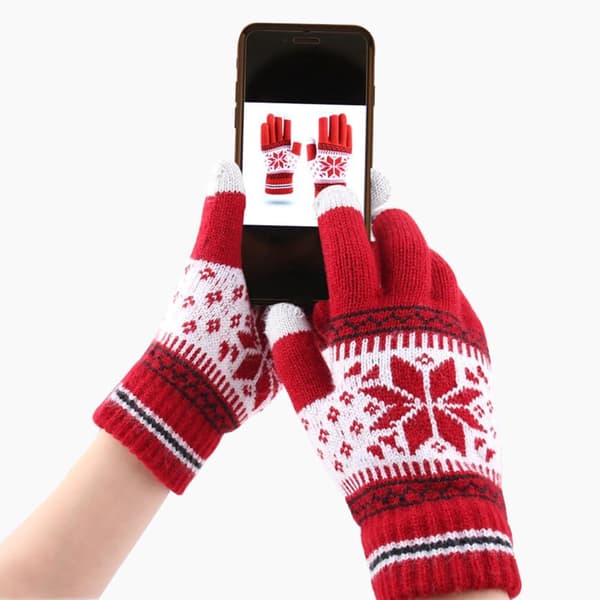 1 Par Touchscreen Handsker Vinter Snefnug Print Tykke Strikket Handsker Red