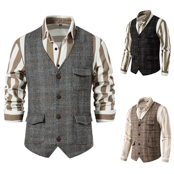 Herrevest for Bryllup Rutete Myk Ull Tweed Vest grey M