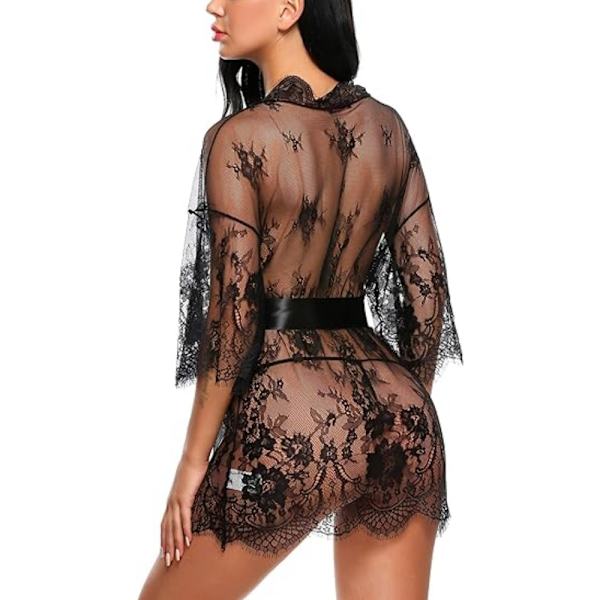Kvinners Blonder Kimono-Kåpe Babydoll Lingeri Mesh Nattkjole Black XL