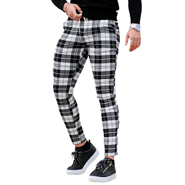 Mænds Chino Bukser Skinny Fit Plaid Stilfulde Casual Business Dress Bukser White L