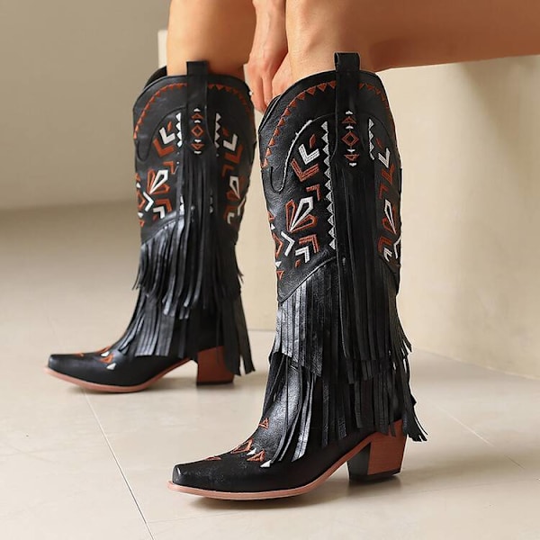Damskor Cowgirl Boots Knähöga Fransboots Tassel Western Boots Black 39