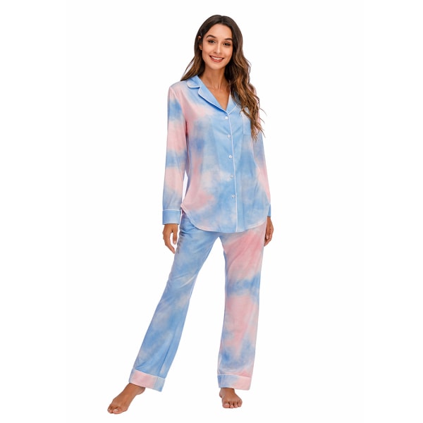 Pyjamas Set för Kvinnor, Långärmad, Knappar, Nattkläder, Bomull, Pj-Set Pink Blue M