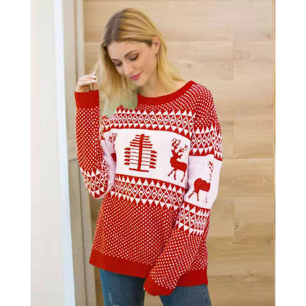 Dam Casual Slim Fit Stickad Fula Julkläder Red M