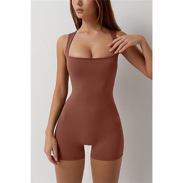 Damer Strappy Square Neck Linne Bodycon Stretch Shorts Jumpsuit Brown S