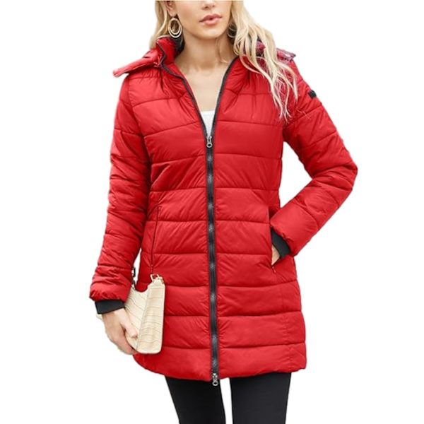 Lång dunjacka med huva för kvinnor, lätt och varm, Thermolite Red XL