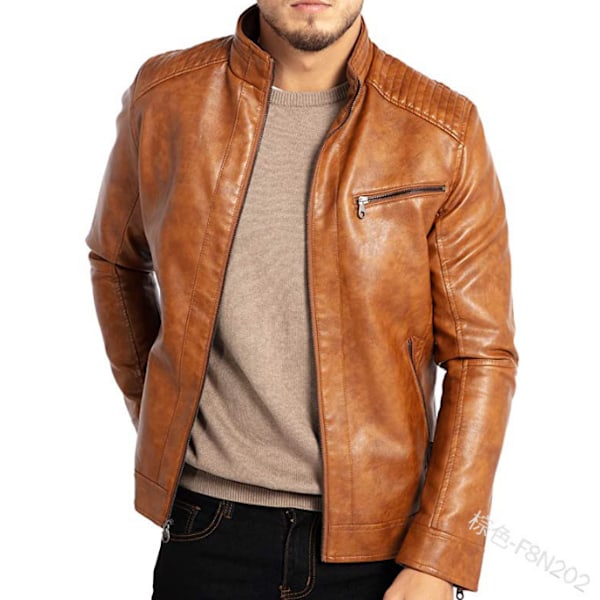 Läderjacka med ståkrage för män Motorcykel ytterkläder brown XL