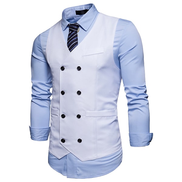 Dressvest for menn, dobbeltknappet, V-hals, smal passform, formell bryllupsvest White L