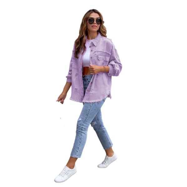 Kvinnors långärmad jeansjacka med rippad casual lapeljacka Purple XL