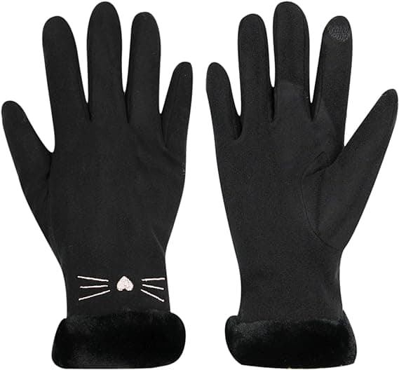 Dame Suede Handsker Søde Kat Fleeceforet Varme Handsker Black