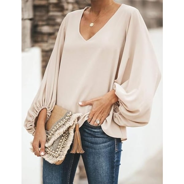 Kvinners V-hals Chiffon Skjorte Casual Lantern Erme Topp Apricot M