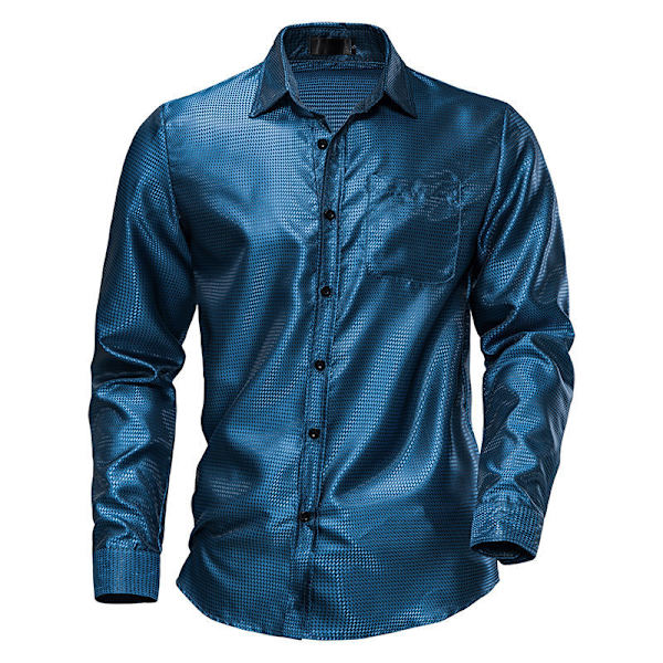 Menn's Glossy Lomme Langærmet Lapel Trykket Skjorte Blue L