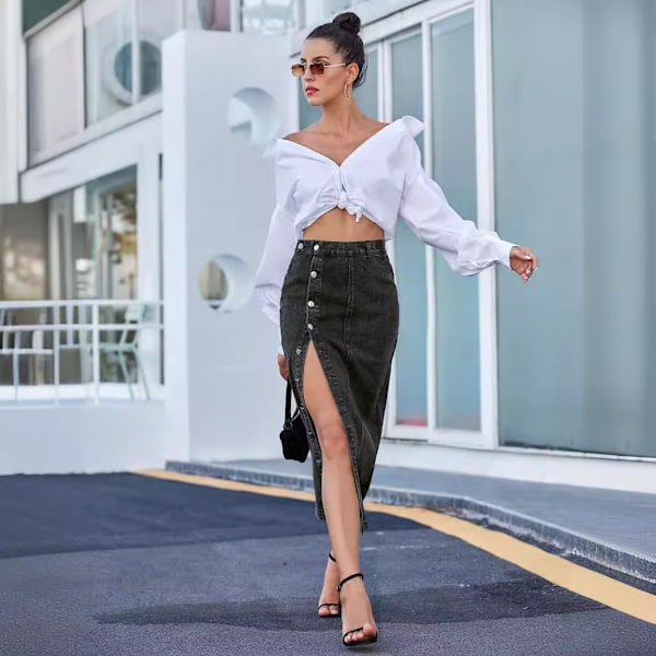 Dame Casual Slitt Denim Midi Jeansskjørt black XS