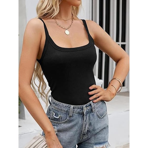 Kvinnors Scoop Neck Ribbade Tank Tops Träning Ärmlös Cami Skjorta Black L