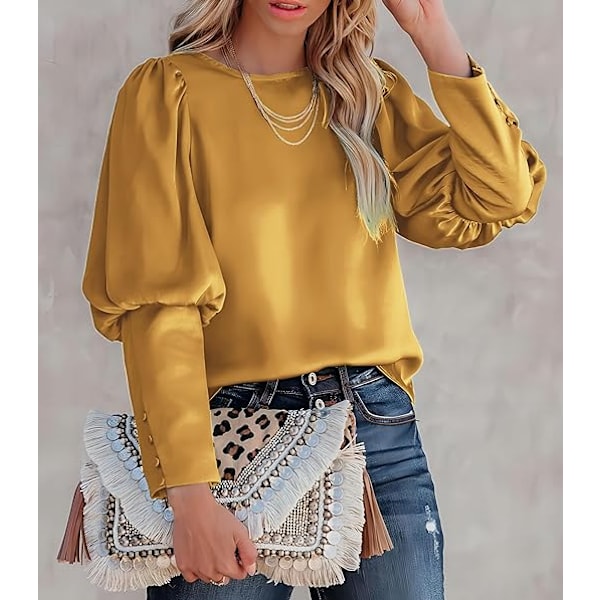 Satinbluse med Puff-ermer for kvinner - Avslappet og løs topp Yellow M