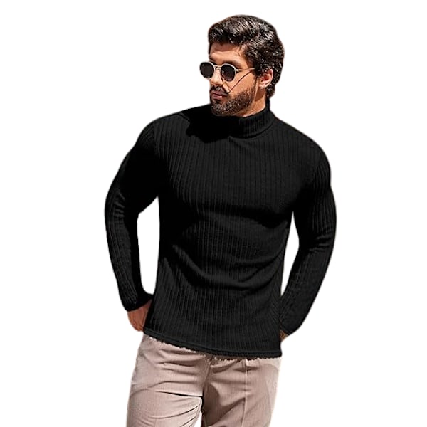 Varm stickad tröja med hög hals för män, långärmad Black XL