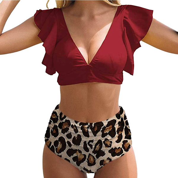 Dame Ruffle Højtaljet Badetøj Todelt Tropisk Print Badetøj Style 1 M