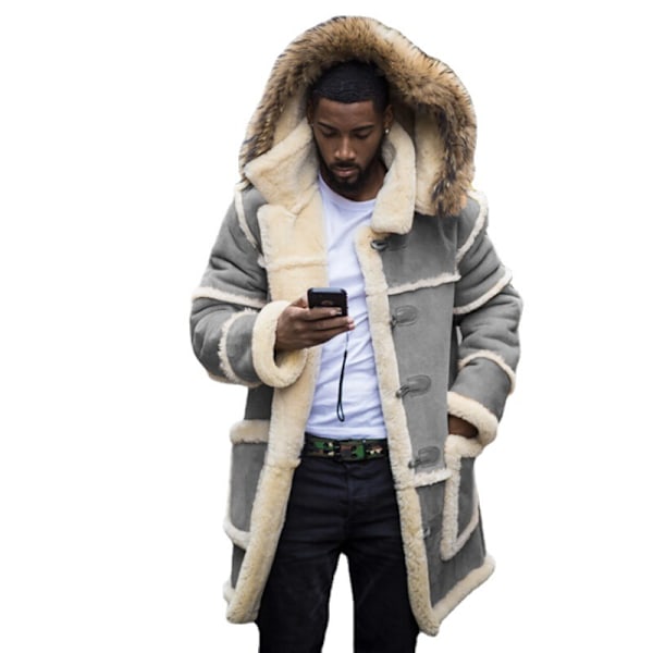 Herre Shearling-jakker med hette, Faux Suede Sherpa-fôret Saue-skinnjakker Grey 4XL