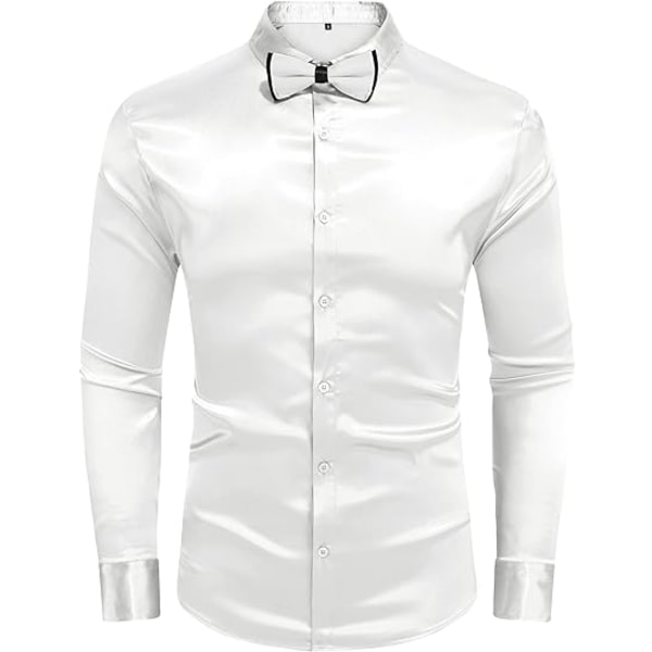 Långärmade klänningskjortor i sidensatin för män Glänsande Casual Button Down-skjorta White L