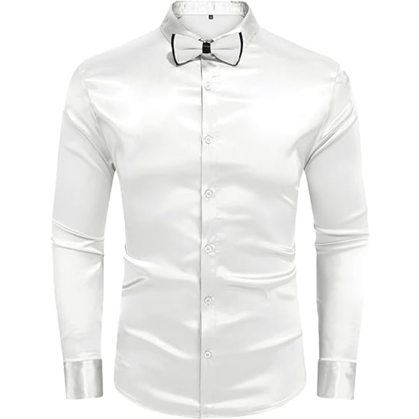 Långärmade klänningskjortor i sidensatin för män Glänsande Casual Button Down-skjorta White S