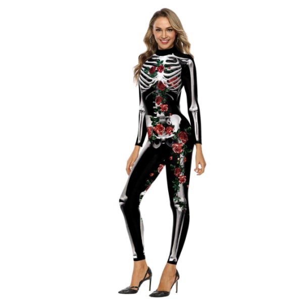Sexig skelettdräkt för kvinnor Halloween black red S