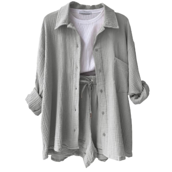 Dam 2-delad byxa set Linne Shirtort set Light Gray L