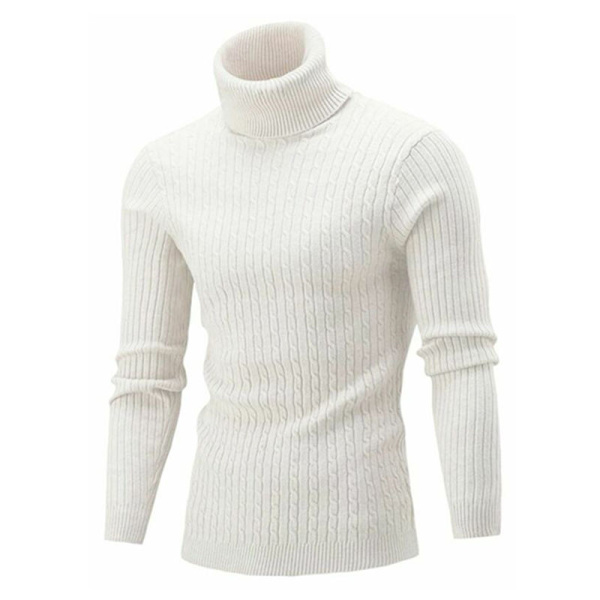 Varm stickad tröja med hög hals för män, långärmad White L