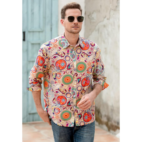 Disco linneskjortor för män 70-tal Casual Paisley-tröjor Blommig vintage långärmad skjorta CS58 3XL